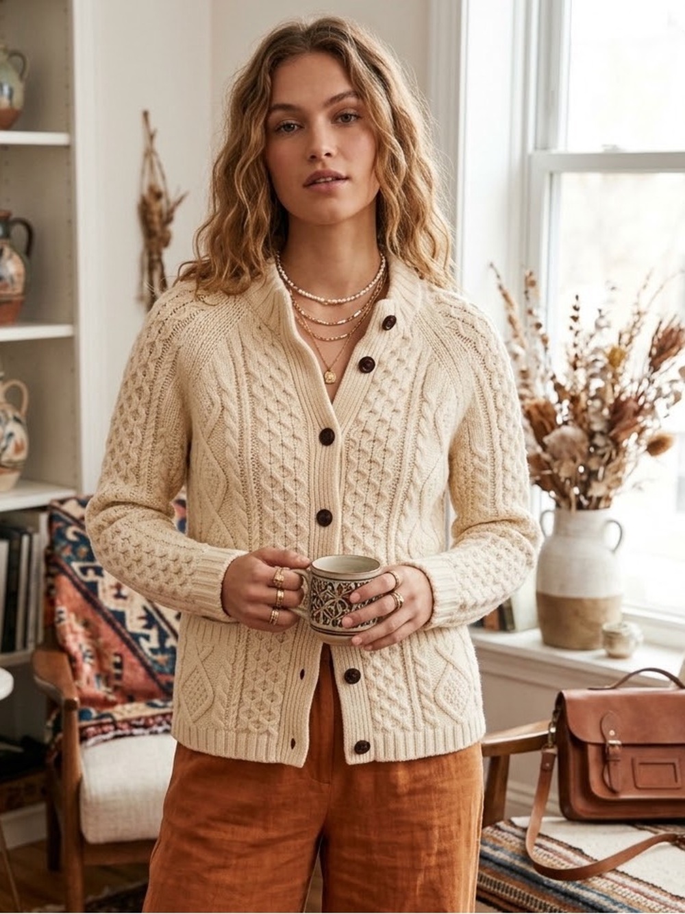 Lands’ End 100% lambswool fisherman cable knit cardigan sweater size small